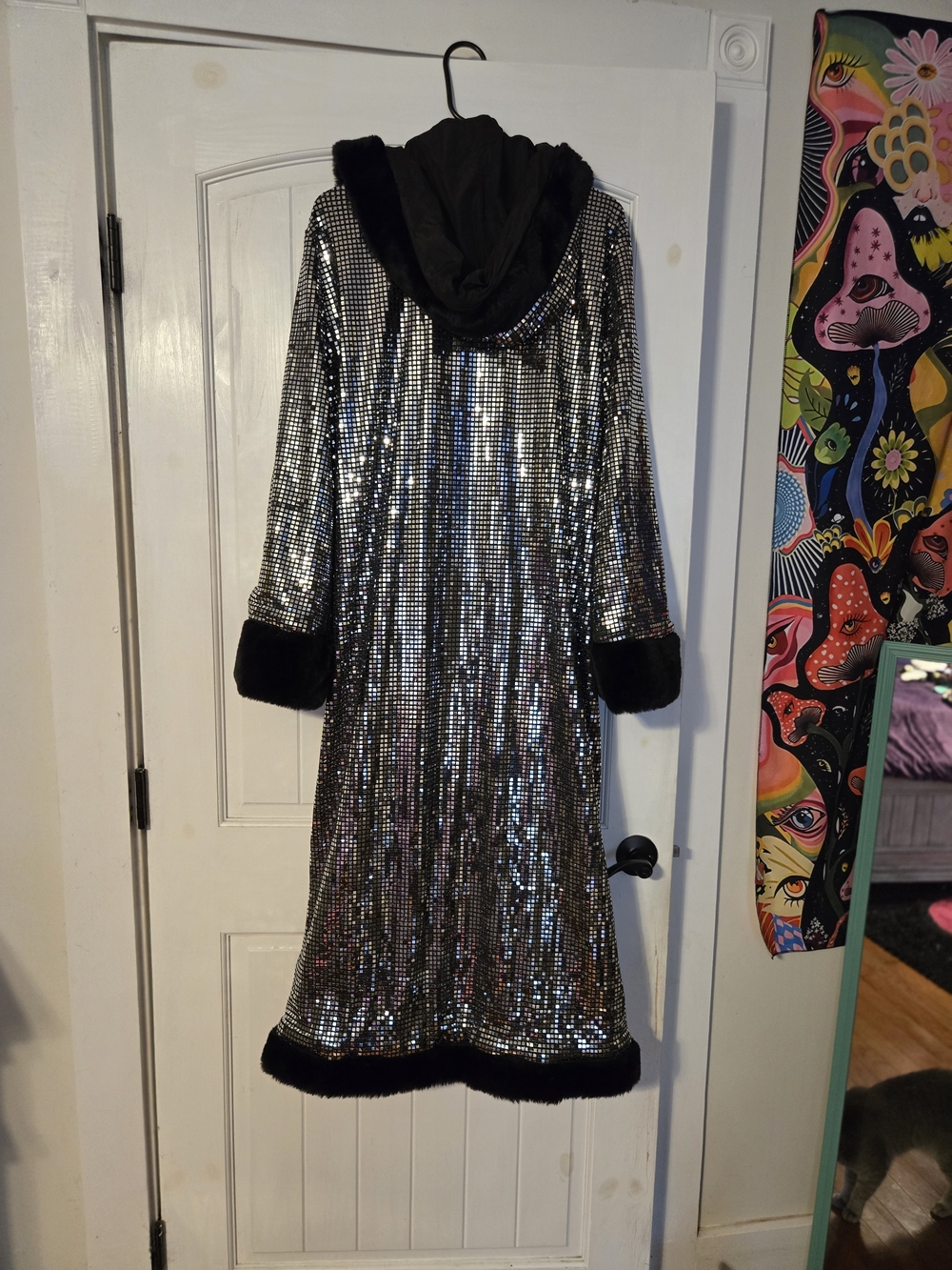 Silver Sequin Long Hooded Rave Coat with Black Trim